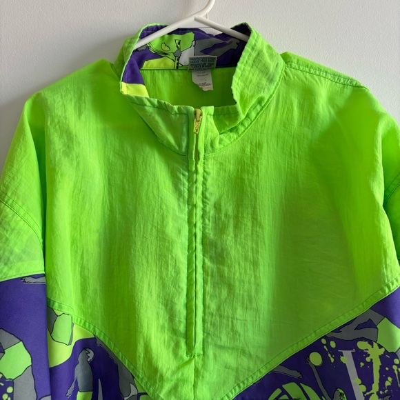 80s Vintage Asics Volleyball Retro Windbreaker Neon Green Purple Large - Picture 10 of 14